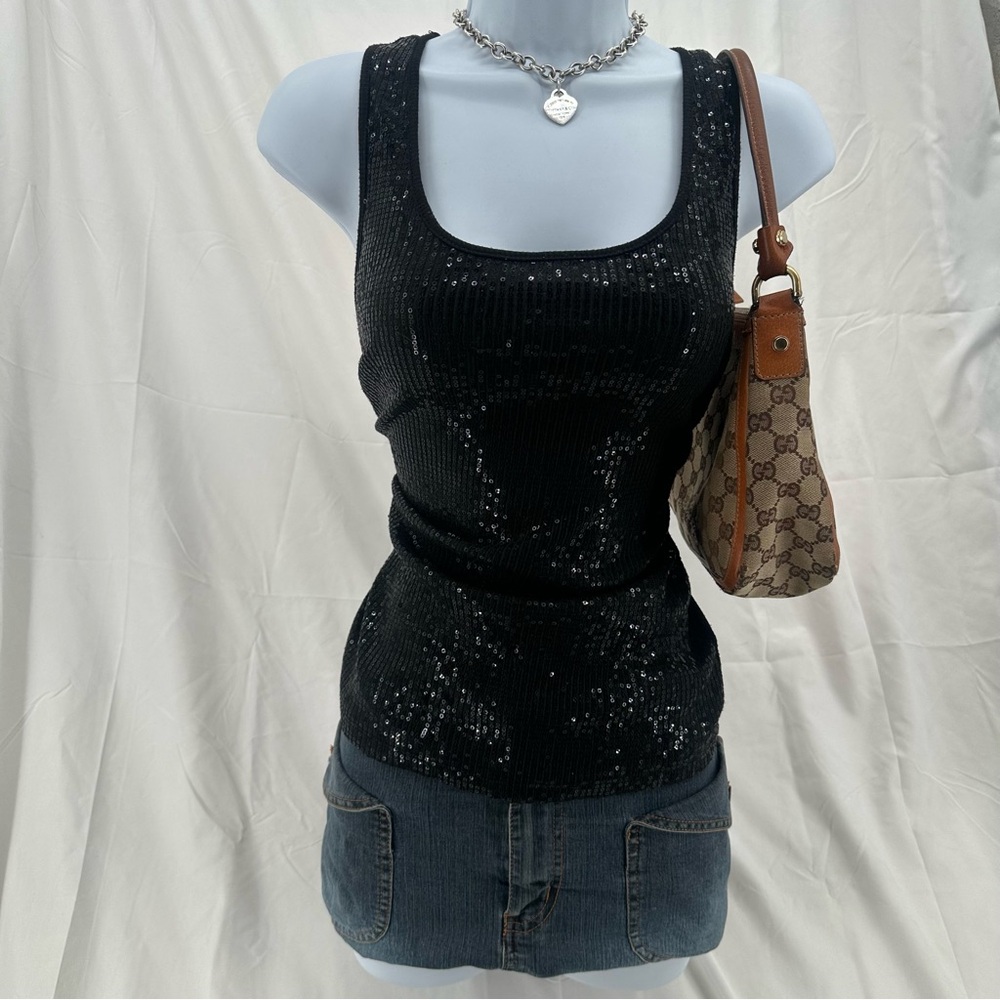 Sequined Hannah Montana Vibe Dots Y2K Black Ribbed Tank Top